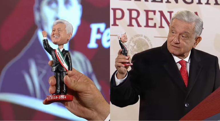 Entregan a AMLO muñequito con su figura elaborado por migrante